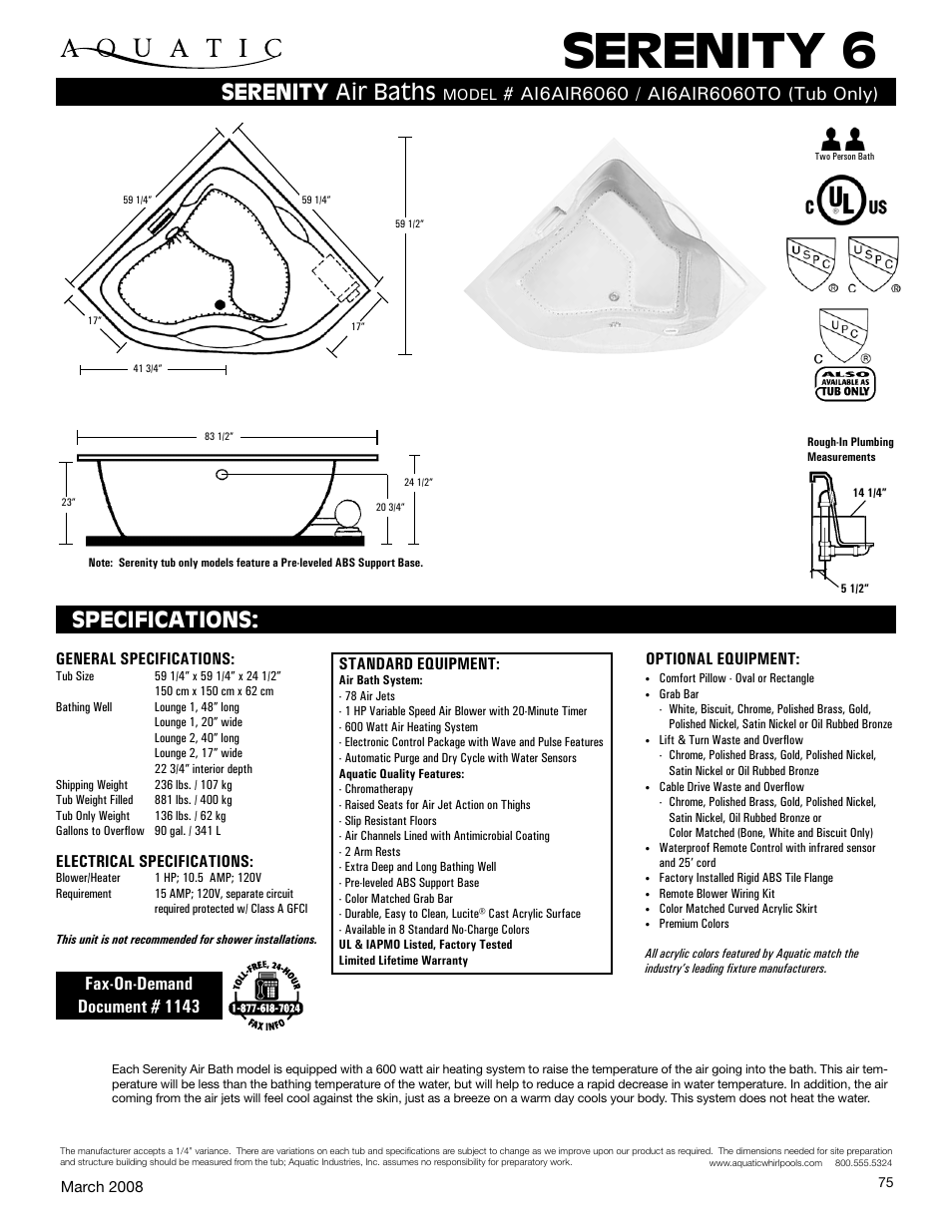 Aquatic SERENITY 6 AI6AIR6060 User Manual | 1 page