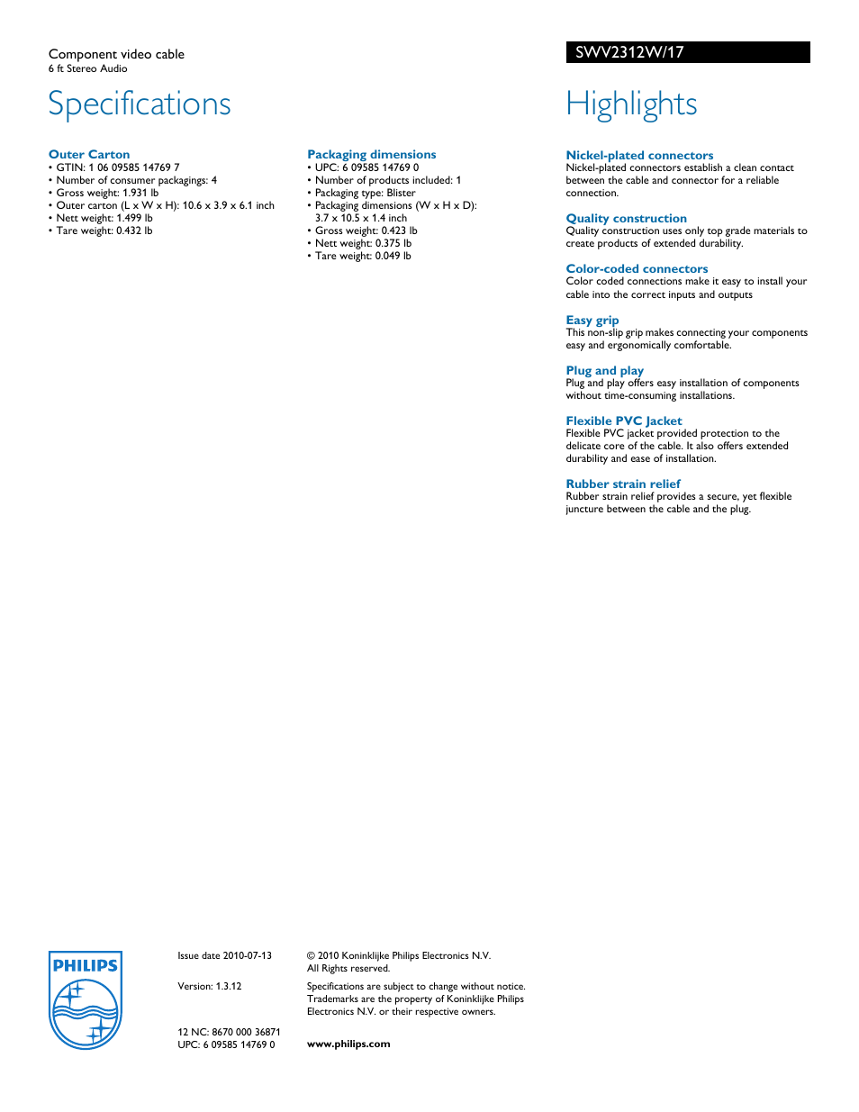 Specifications, Highlights | Philips SWV2312W-17 User Manual | Page 2 / 2