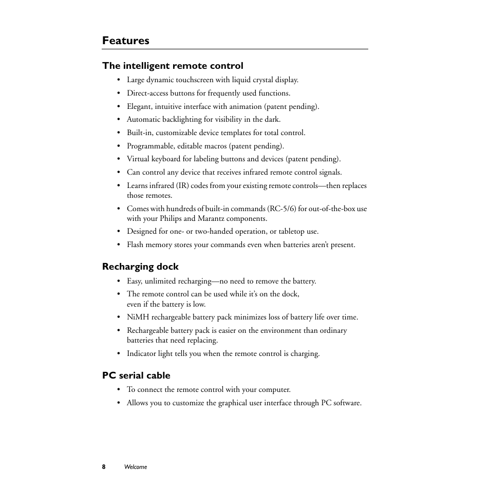 Features, The intelligent remote control, Recharging dock | Pc serial cable | Philips TS1000 User Manual | Page 10 / 83