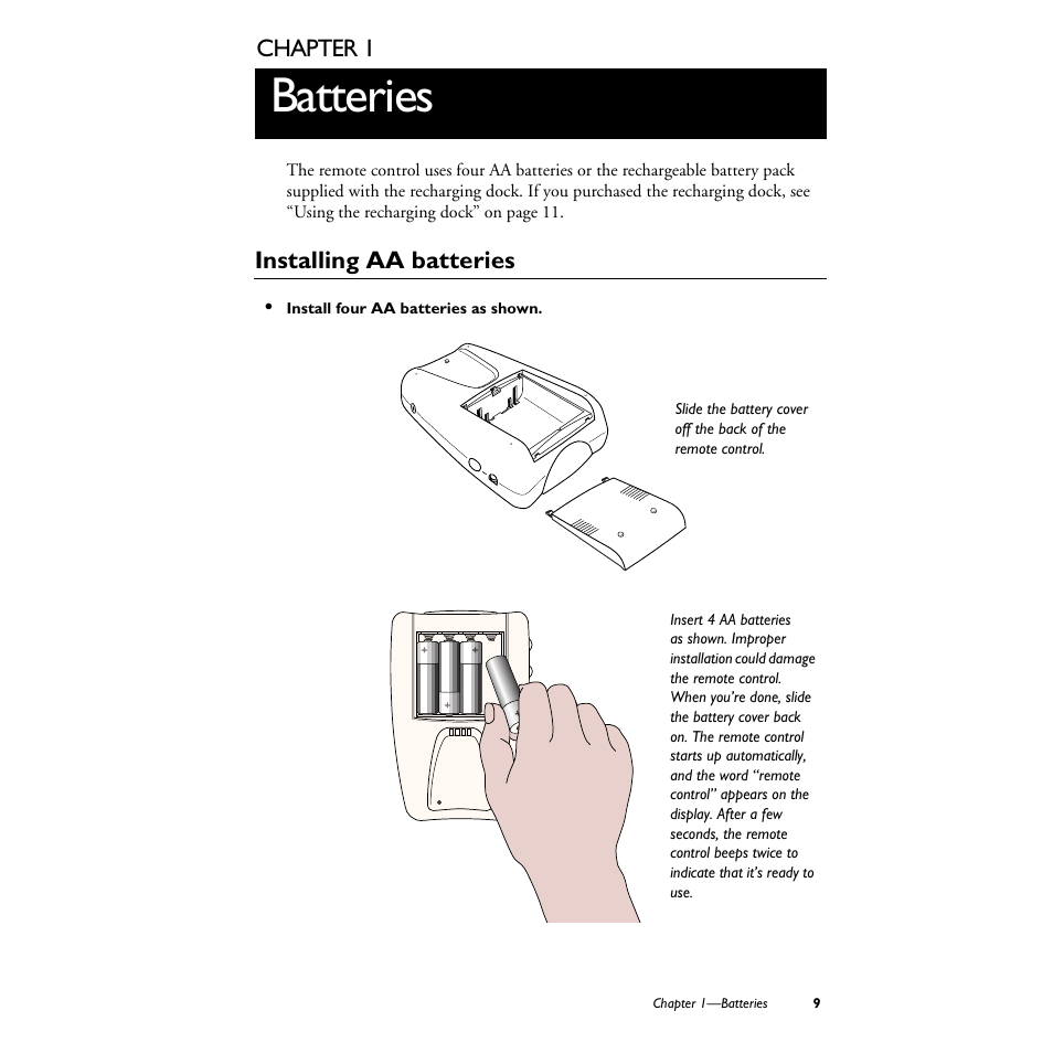 1 batteries, Installing aa batteries, Batteries | Philips TS1000 User Manual | Page 11 / 83