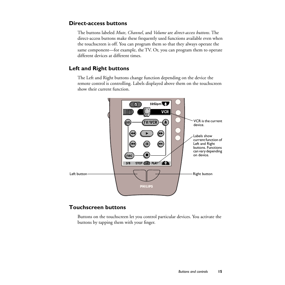 Direct-access buttons, Left and right buttons, Touchscreen buttons | Philips TS1000 User Manual | Page 17 / 83