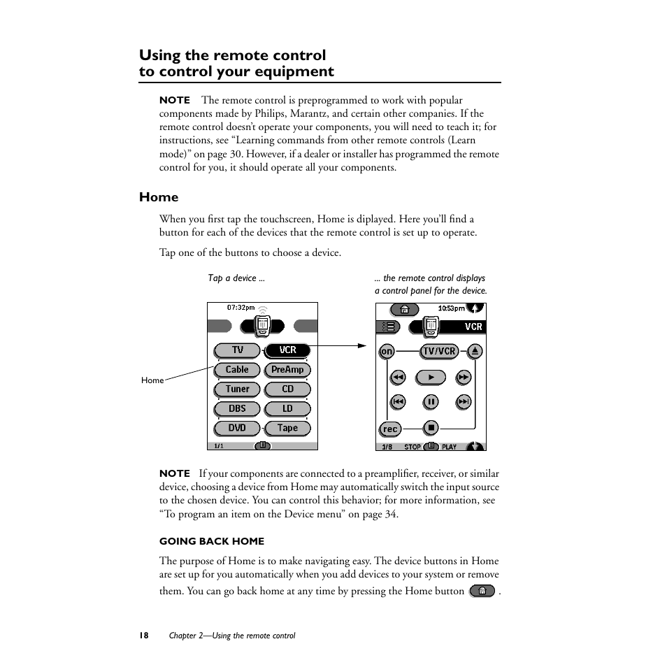 Using the remote control to control your equipment, Home, Going back home | Philips TS1000 User Manual | Page 20 / 83