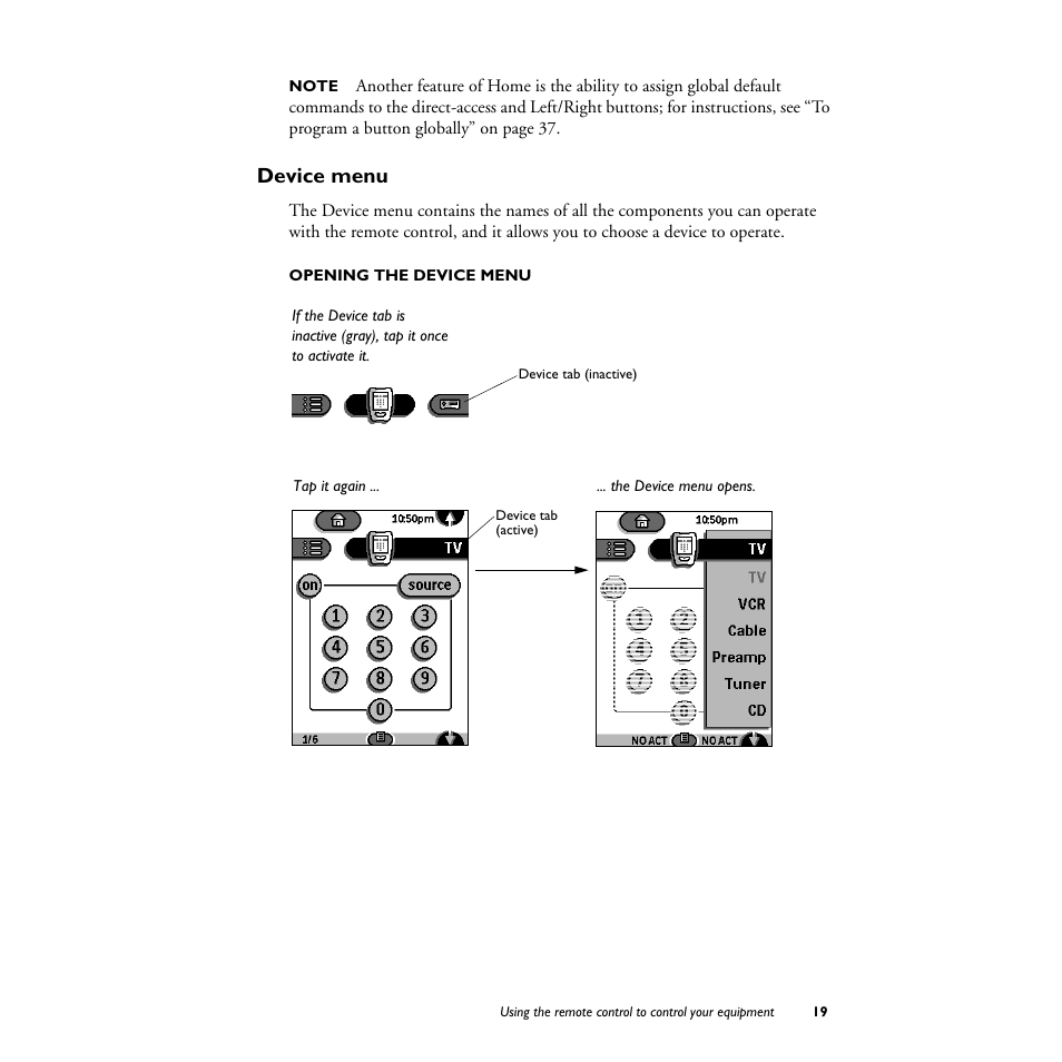 Device menu, Opening the device menu | Philips TS1000 User Manual | Page 21 / 83