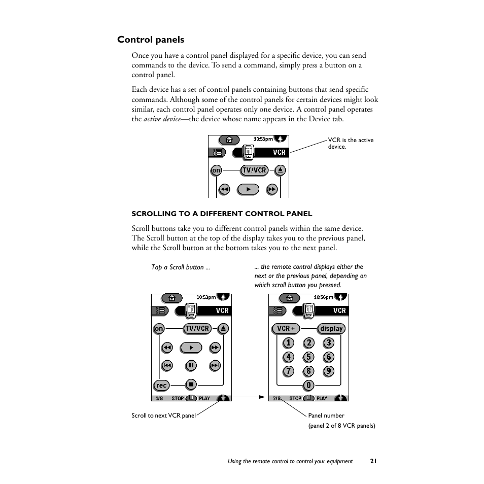Control panels, Scrolling to a different control panel | Philips TS1000 User Manual | Page 23 / 83