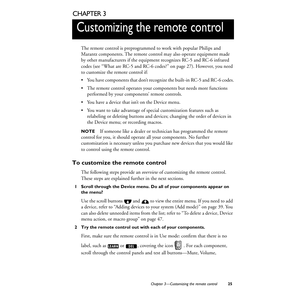 3 customizing the remote control, To customize the remote control, Customizing the remote control | Chapter 3 | Philips TS1000 User Manual | Page 27 / 83