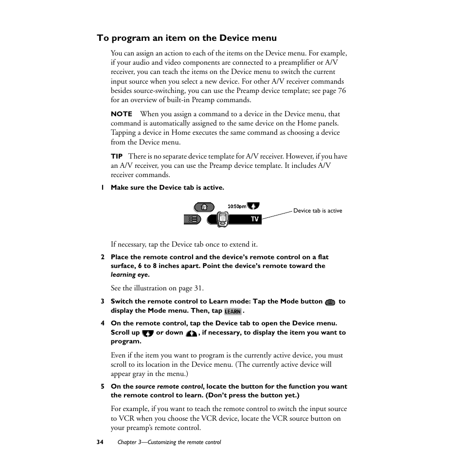 To program an item on the device menu, 1 make sure the device tab is active | Philips TS1000 User Manual | Page 36 / 83