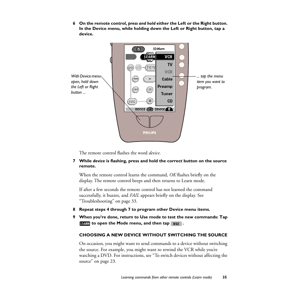 Choosing a new device without switching the source | Philips TS1000 User Manual | Page 37 / 83