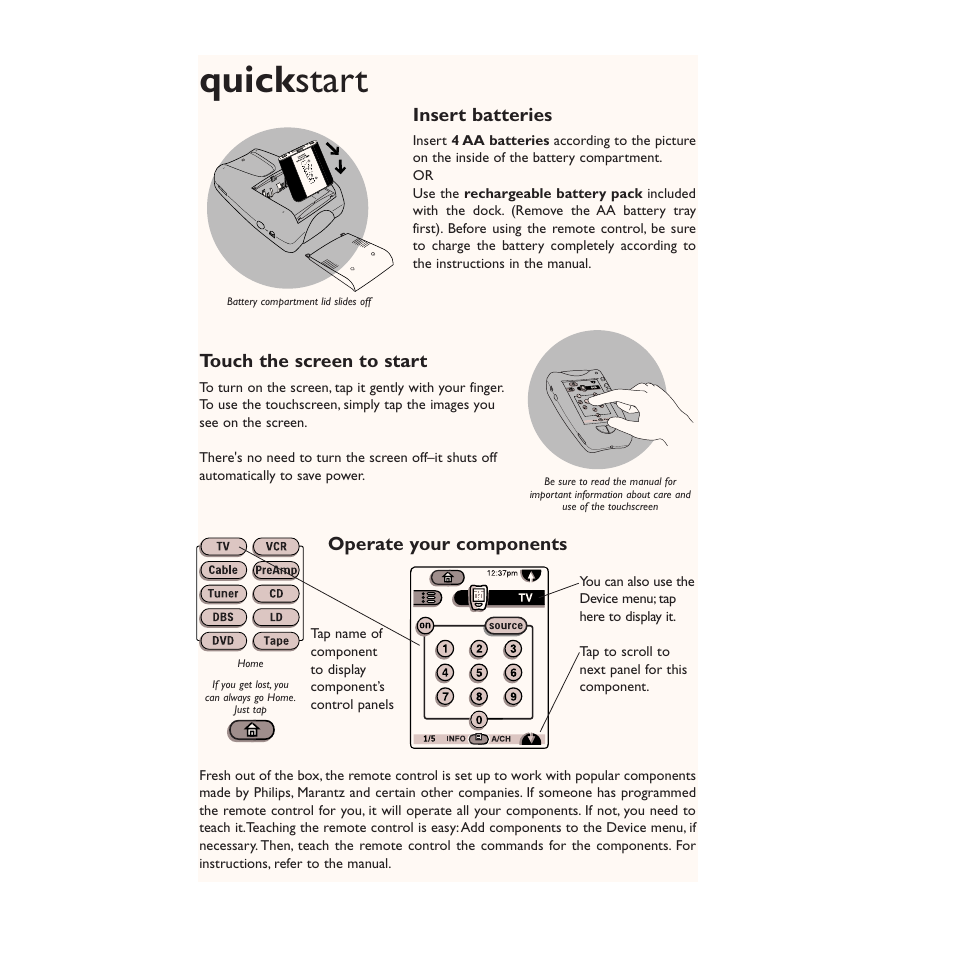 Quickstart, Quick start, Insert batteries | Touch the screen to start, Operate your components | Philips TS1000 User Manual | Page 4 / 83