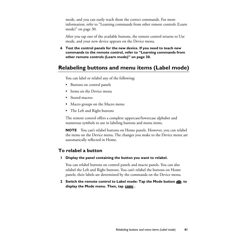 Relabeling buttons and menu items (label mode), To relabel a button | Philips TS1000 User Manual | Page 43 / 83