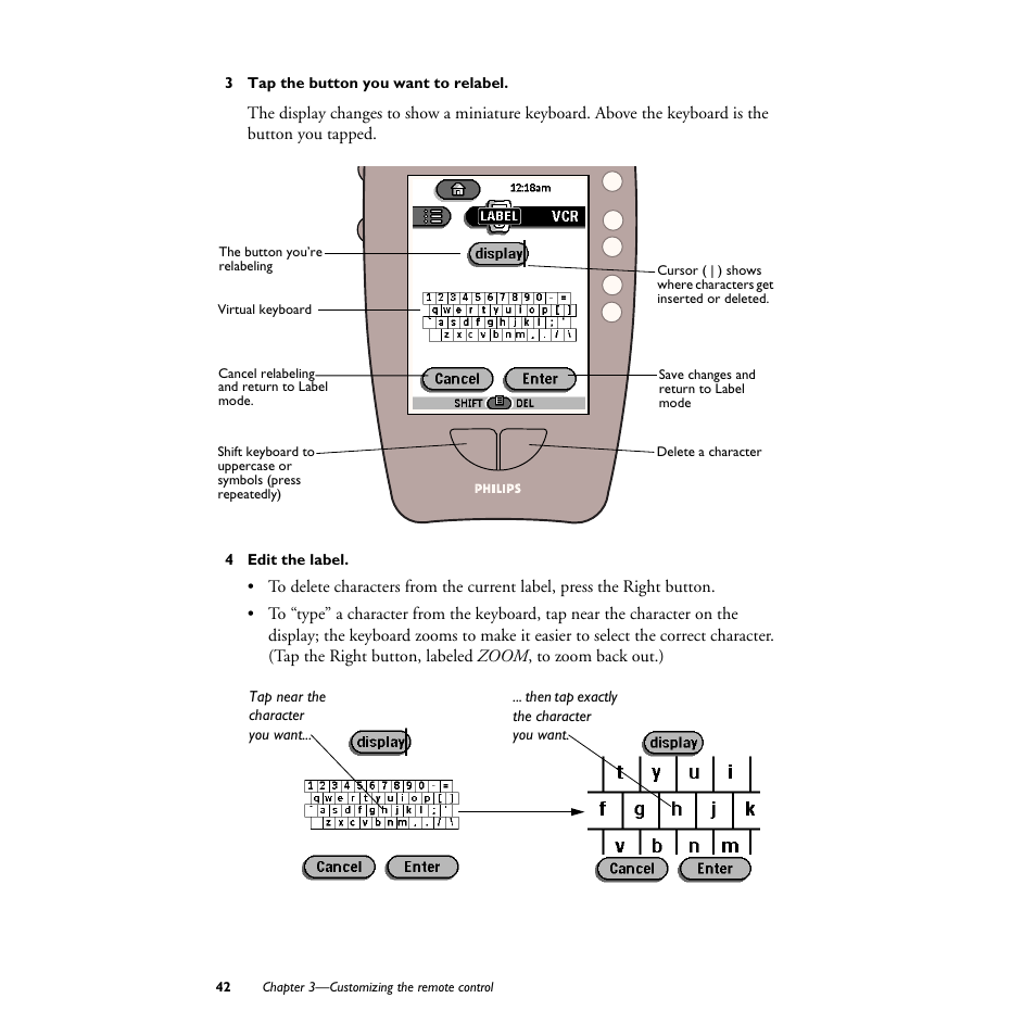 3 tap the button you want to relabel, 4 edit the label | Philips TS1000 User Manual | Page 44 / 83