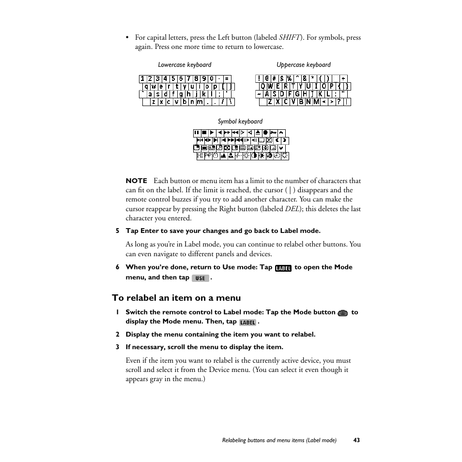 To relabel an item on a menu | Philips TS1000 User Manual | Page 45 / 83