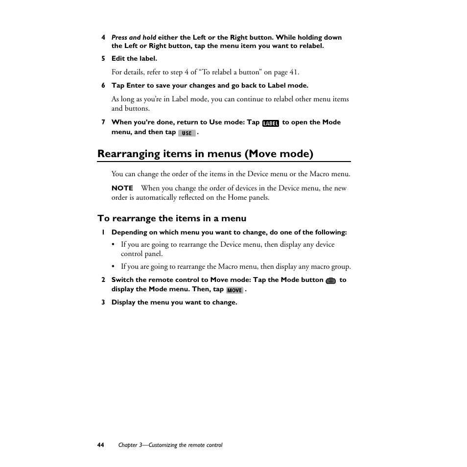 5 edit the label, Rearranging items in menus (move mode), To rearrange the items in a menu | 3 display the menu you want to change | Philips TS1000 User Manual | Page 46 / 83