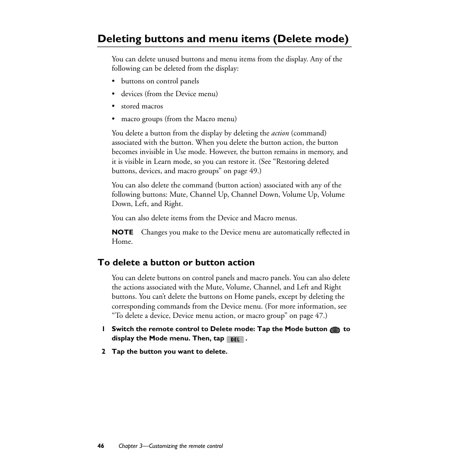 Deleting buttons and menu items (delete mode), To delete a button or button action, 2 tap the button you want to delete | Philips TS1000 User Manual | Page 48 / 83