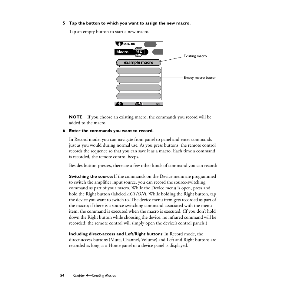 6 enter the commands you want to record, Switching the source, Including direct-access and left/right buttons | Philips TS1000 User Manual | Page 56 / 83