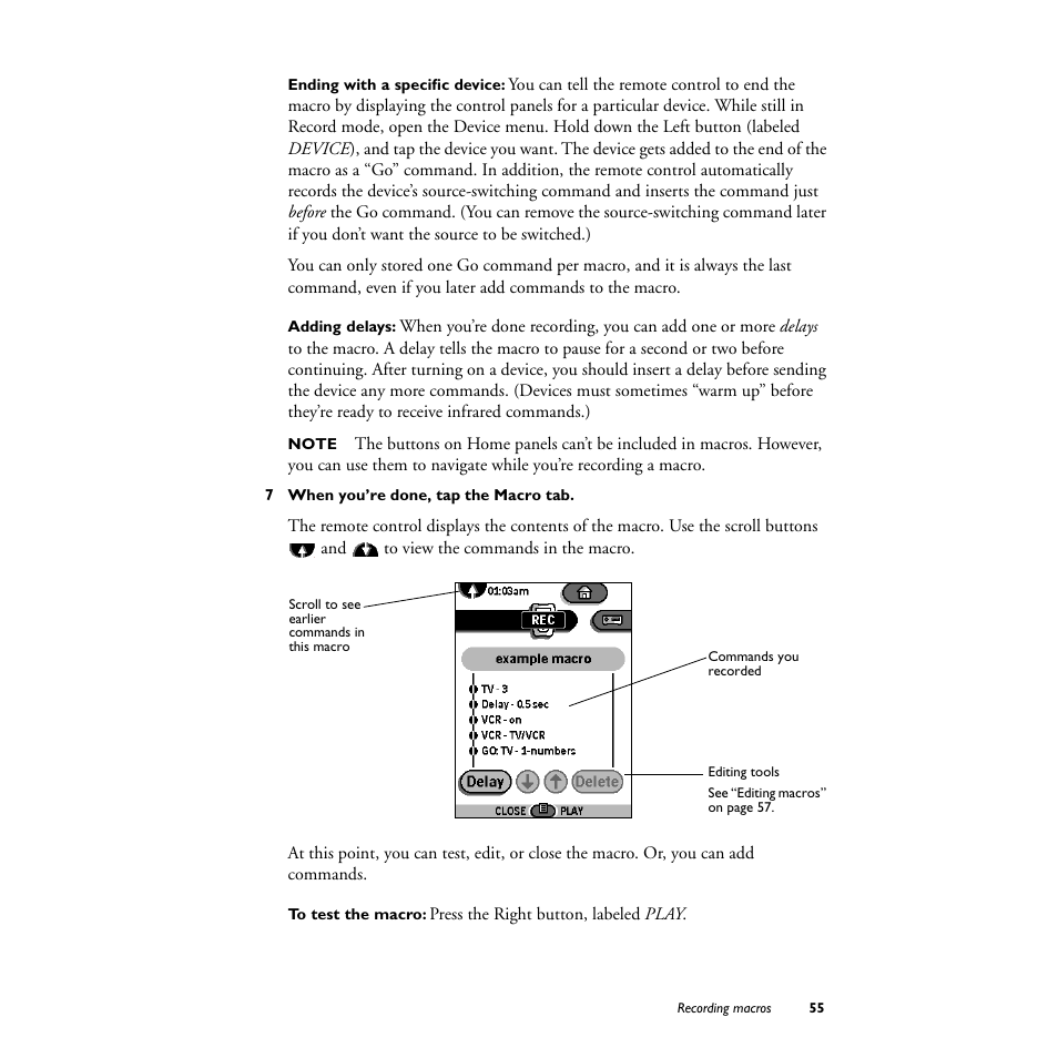 Ending with a specific device, Adding delays, 7 when you’re done, tap the macro tab | To test the macro | Philips TS1000 User Manual | Page 57 / 83