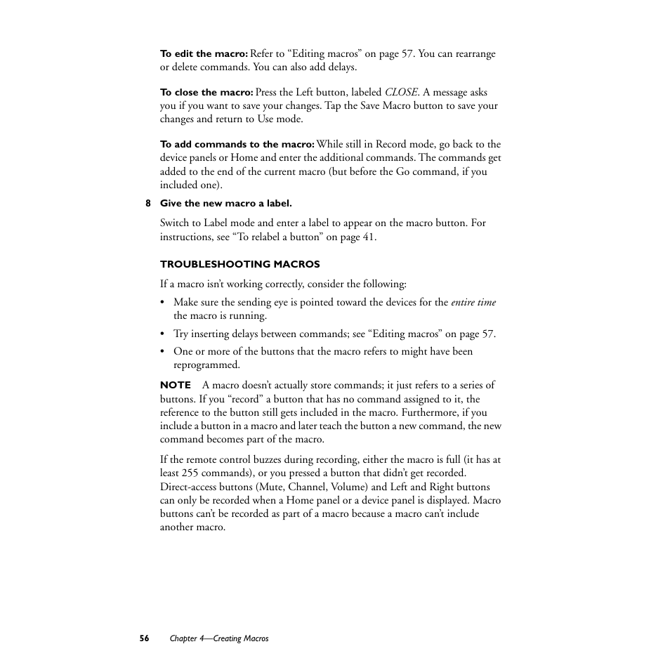 To edit the macro, To close the macro, To add commands to the macro | 8 give the new macro a label, Troubleshooting macros | Philips TS1000 User Manual | Page 58 / 83