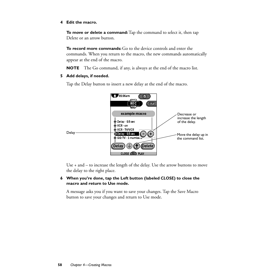 4 edit the macro, To move or delete a command, To record more commands | 5 add delays, if needed | Philips TS1000 User Manual | Page 60 / 83