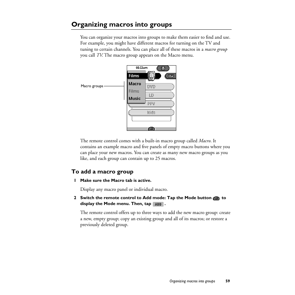 Organizing macros into groups, To add a macro group, 1 make sure the macro tab is active | Philips TS1000 User Manual | Page 61 / 83