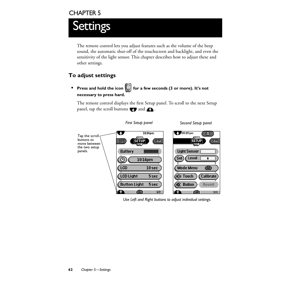 5 settings, To adjust settings, Settings | Chapter 5 | Philips TS1000 User Manual | Page 64 / 83