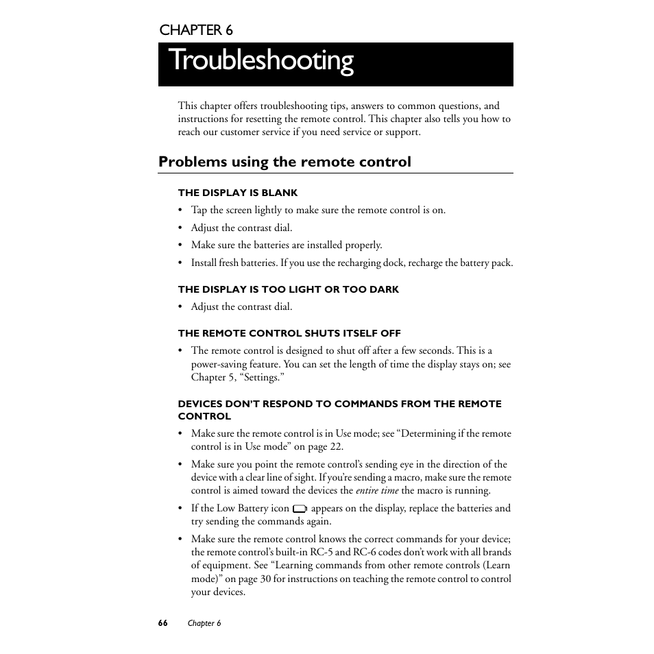 6 troubleshooting, Problems using the remote control, The display is blank | The display is too light or too dark, The remote control shuts itself off, Troubleshooting, Chapter 6 | Philips TS1000 User Manual | Page 68 / 83