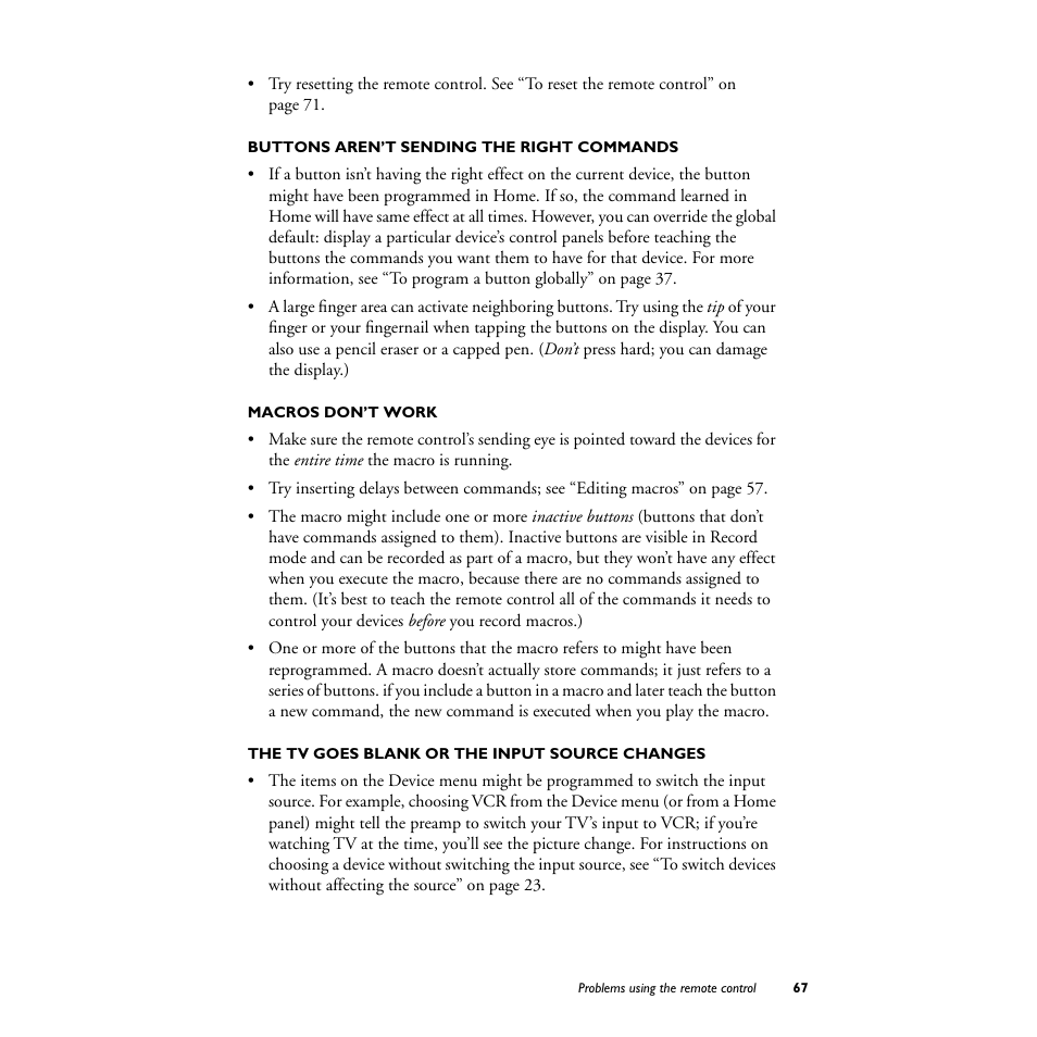 Buttons aren’t sending the right commands, Macros don’t work, The tv goes blank or the input source changes | Philips TS1000 User Manual | Page 69 / 83