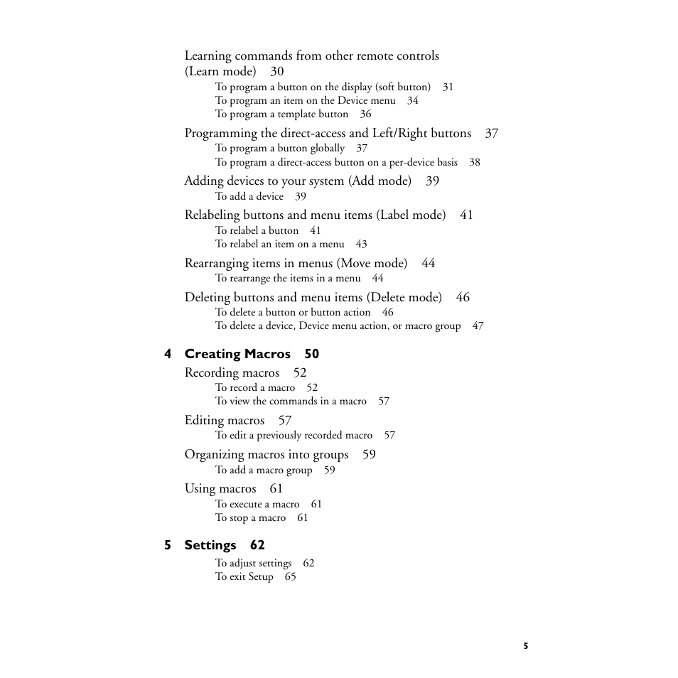 4 creating macros50, 5 settings62 | Philips TS1000 User Manual | Page 7 / 83