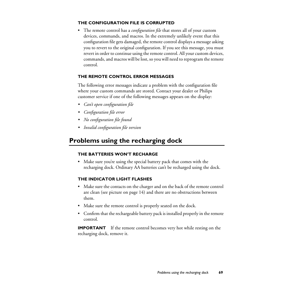 The configuration file is corrupted, The remote control error messages, Problems using the recharging dock | The batteries won’t recharge, The indicator light flashes | Philips TS1000 User Manual | Page 71 / 83