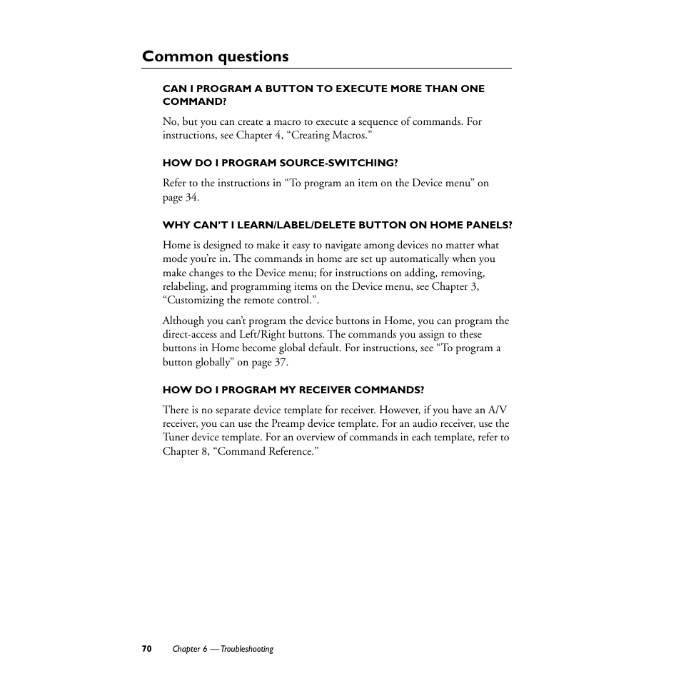 Common questions, How do i program source-switching, How do i program my receiver commands | Philips TS1000 User Manual | Page 72 / 83