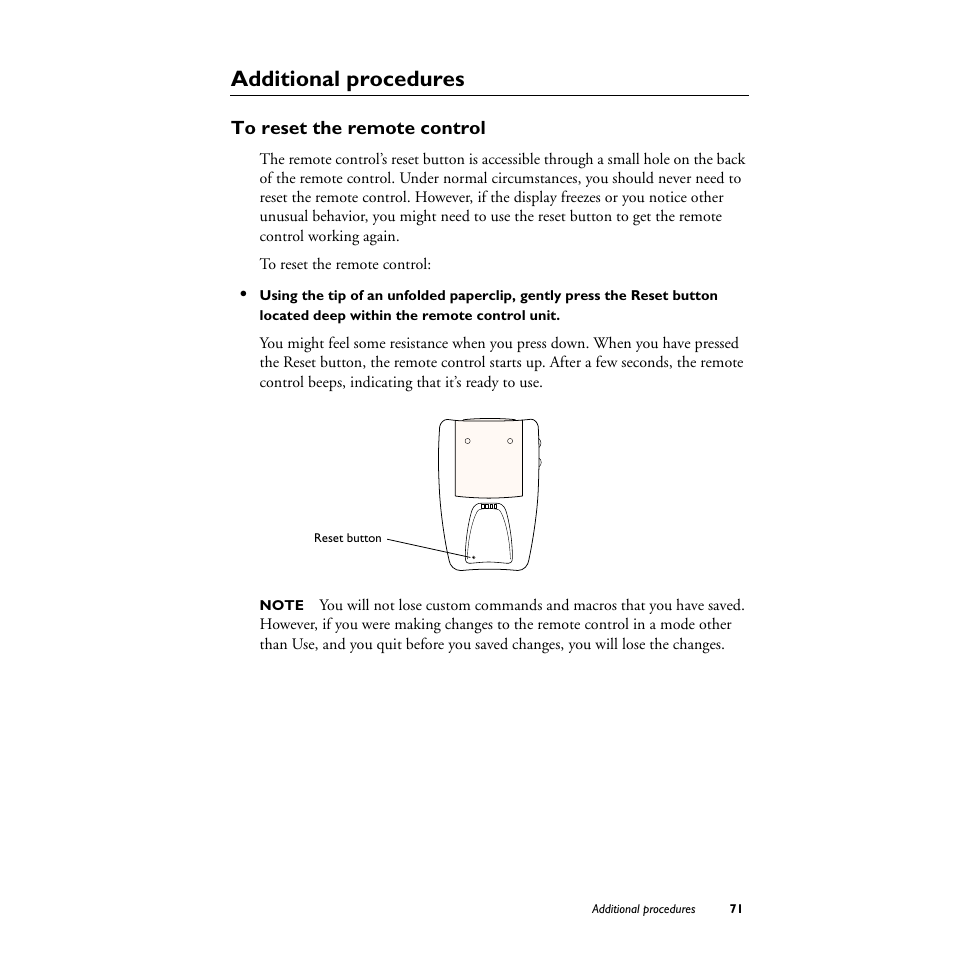 Additional procedures, To reset the remote control | Philips TS1000 User Manual | Page 73 / 83