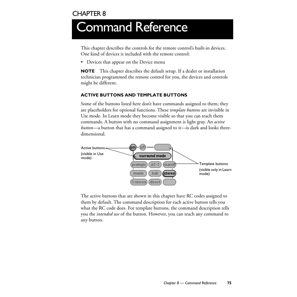 8 command reference, Active buttons and template buttons, Command reference | Chapter 8 | Philips TS1000 User Manual | Page 77 / 83