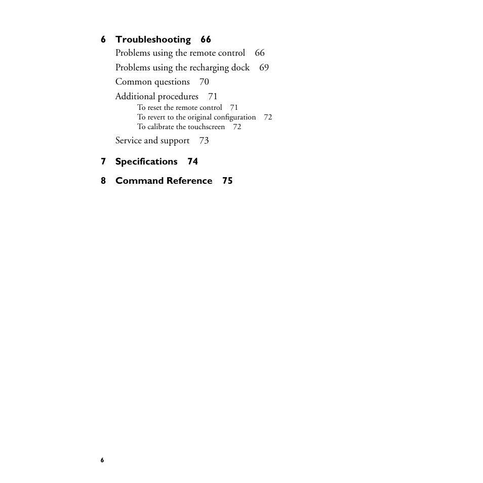 6 troubleshooting66, 7 specifications74, 8 command reference75 | Philips TS1000 User Manual | Page 8 / 83