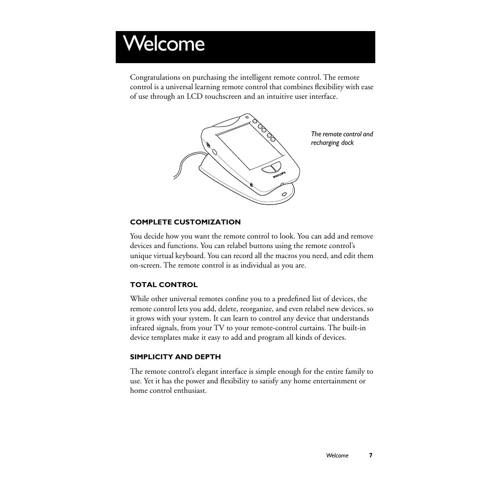 Welcome, Complete customization, Total control | Simplicity and depth | Philips TS1000 User Manual | Page 9 / 83