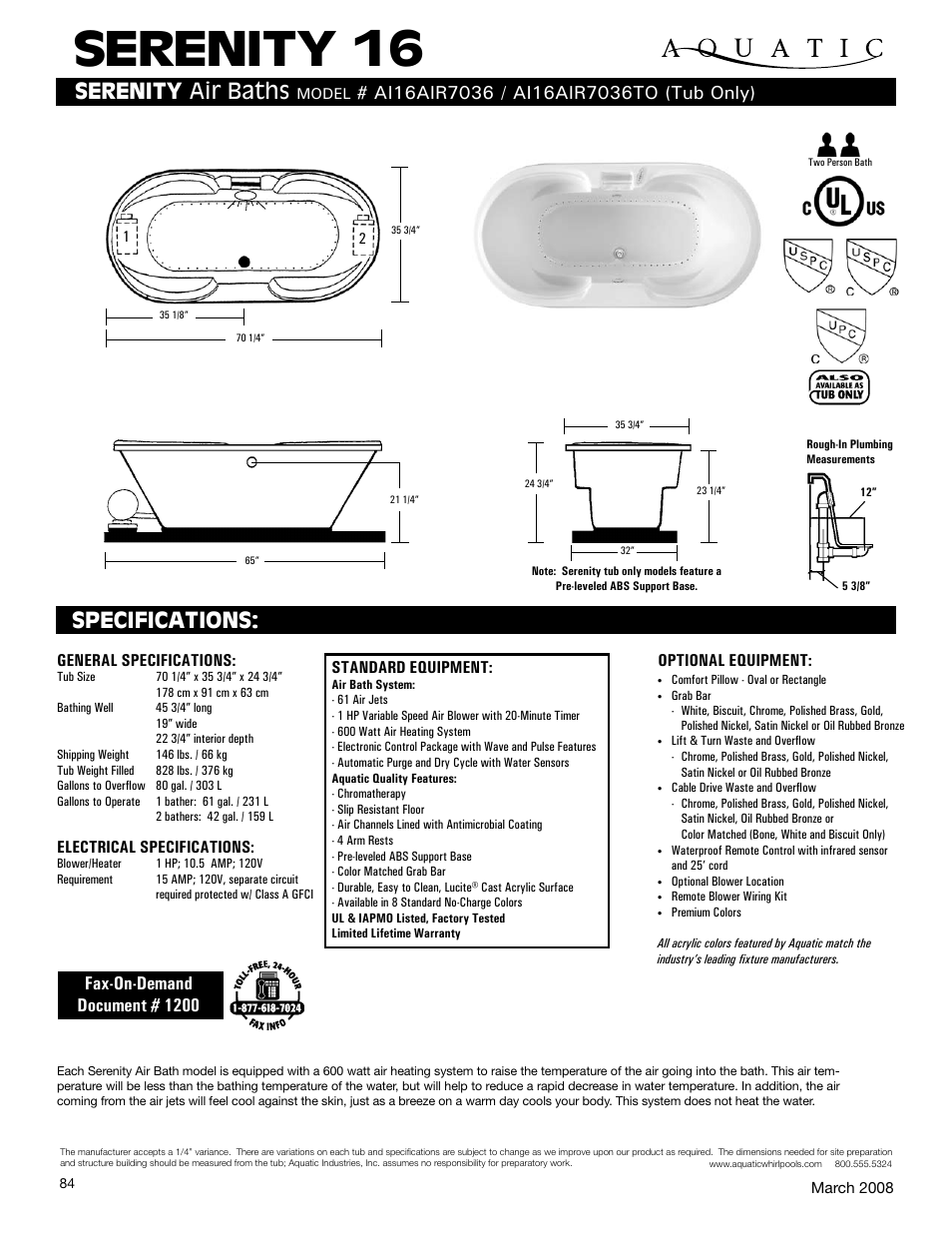 Aquatic AI16AIR7036TO User Manual | 1 page