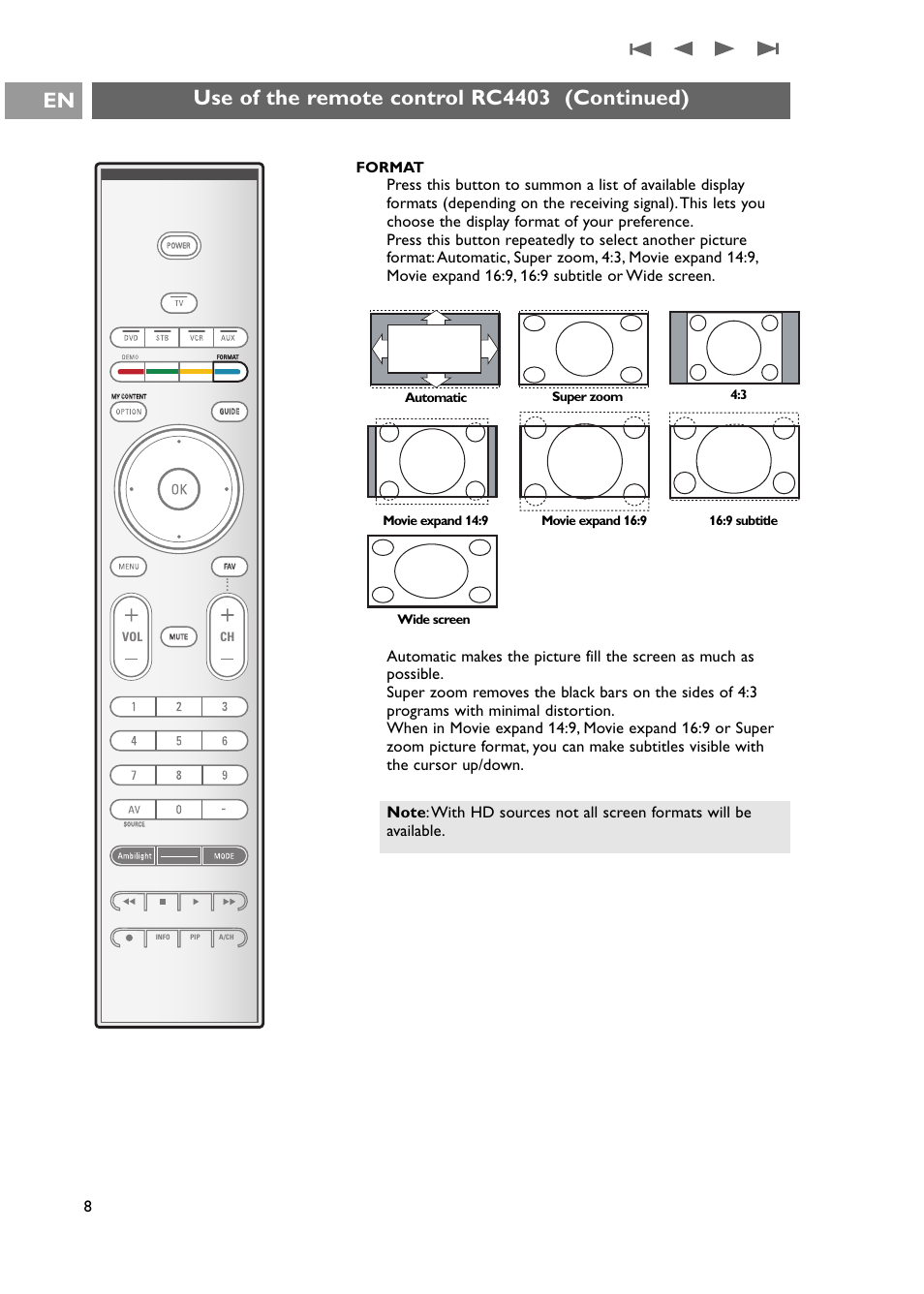 Use of the remote control rc4403 (continued) en, Format | Philips 42PF9631D-37E User Manual | Page 10 / 64