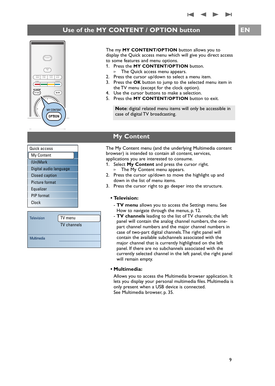 My content, Use of the my content / option button en, Television | Multimedia | Philips 42PF9631D-37E User Manual | Page 11 / 64