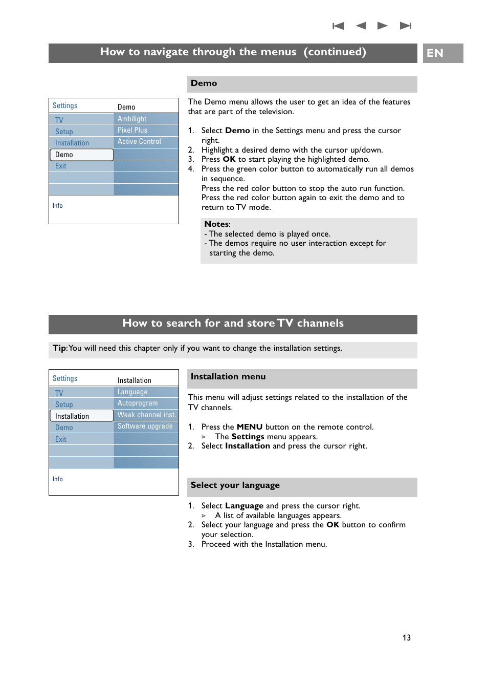 How to search for and store tv channels, How to navigate through the menus (continued) en | Philips 42PF9631D-37E User Manual | Page 15 / 64