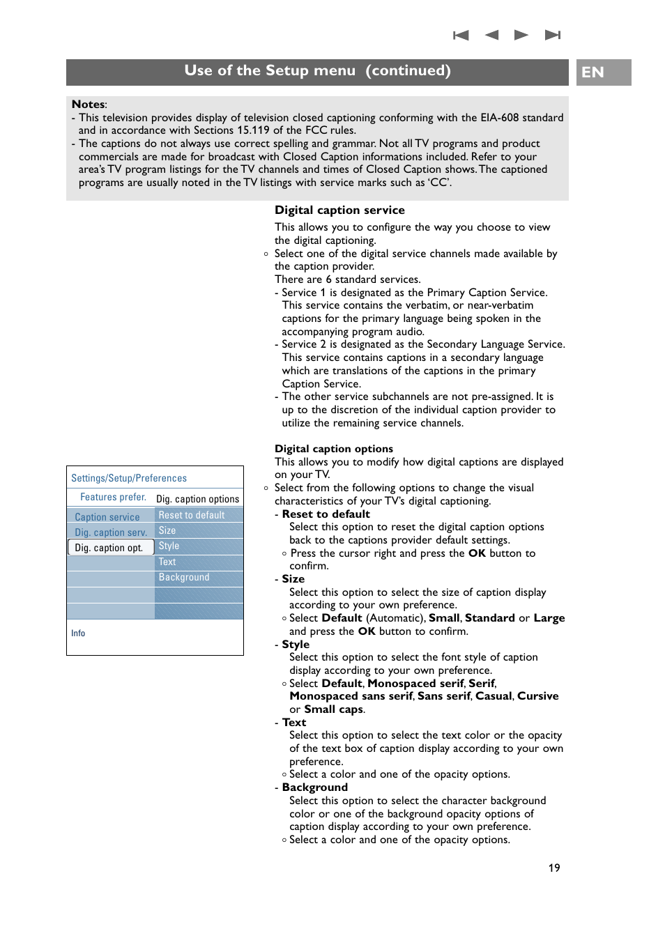 Use of the setup menu (continued) en | Philips 42PF9631D-37E User Manual | Page 21 / 64