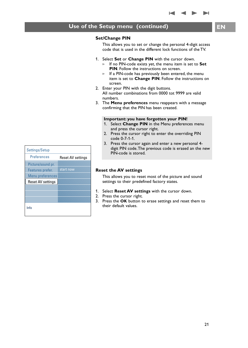 Use of the setup menu (continued) en | Philips 42PF9631D-37E User Manual | Page 23 / 64