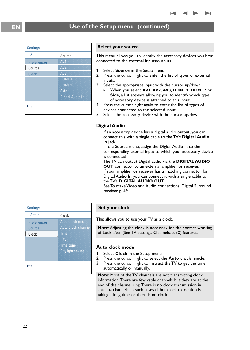 Use of the setup menu (continued) en | Philips 42PF9631D-37E User Manual | Page 24 / 64