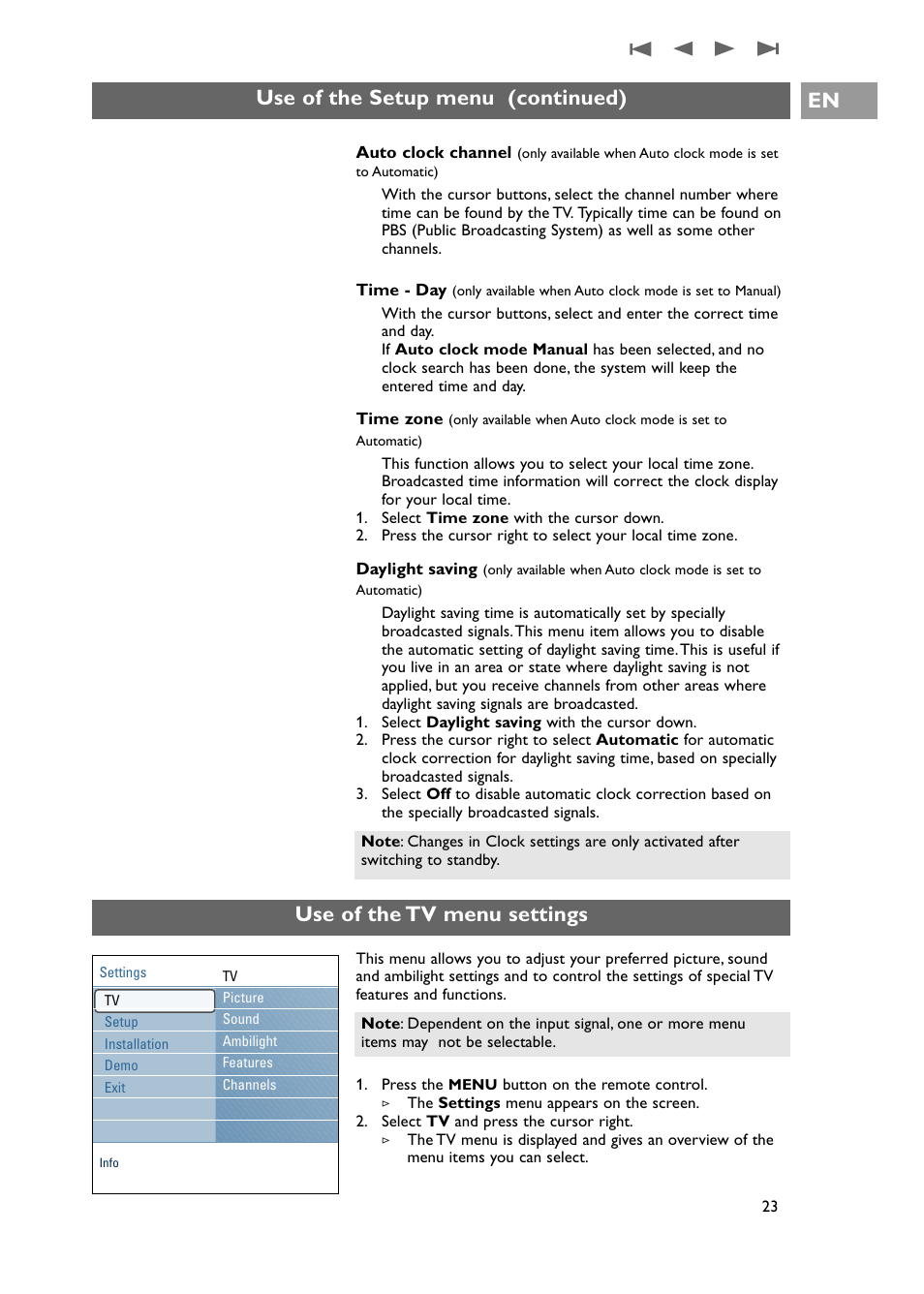 Use of the tv menu settings | Philips 42PF9631D-37E User Manual | Page 25 / 64