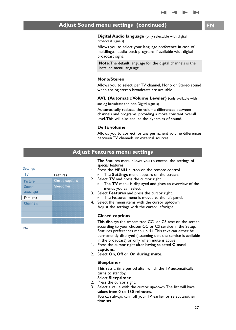 Adjust feature menu settings, Adjust sound menu settings (continued) en, Adjust features menu settings | Philips 42PF9631D-37E User Manual | Page 29 / 64