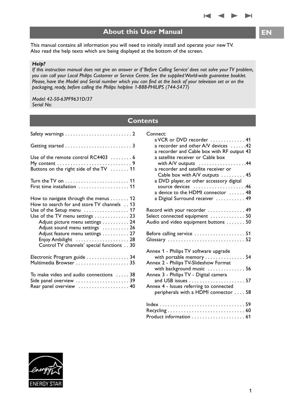 Contents en, About this user manual | Philips 42PF9631D-37E User Manual | Page 3 / 64