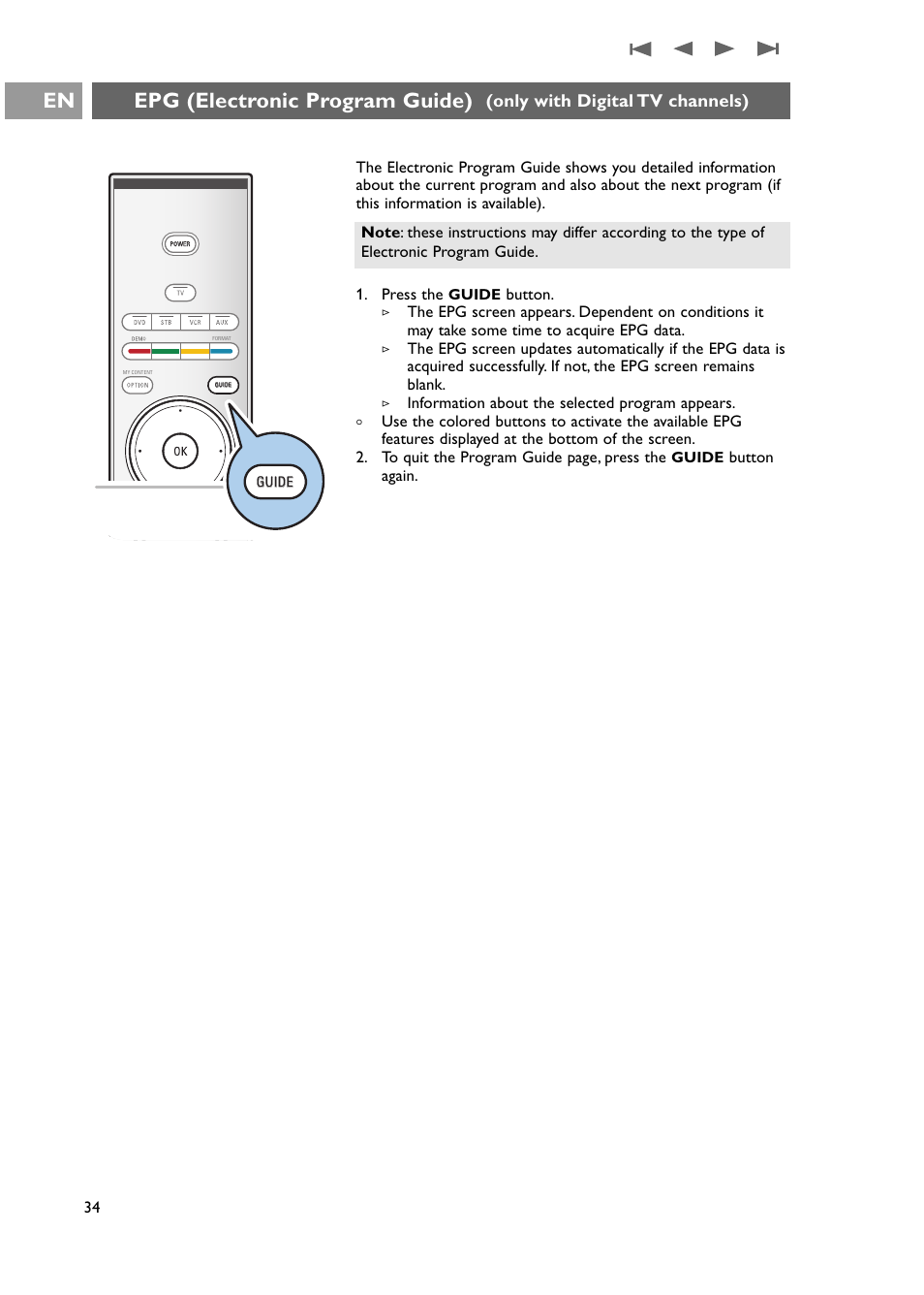 Electronic program guide, Epg (electronic program guide), Only with digital tv channels) | Philips 42PF9631D-37E User Manual | Page 36 / 64