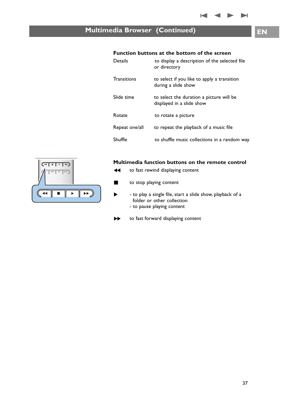 Multimedia browser (continued) en, Function buttons at the bottom of the screen, Multimedia function buttons on the remote control | Philips 42PF9631D-37E User Manual | Page 39 / 64