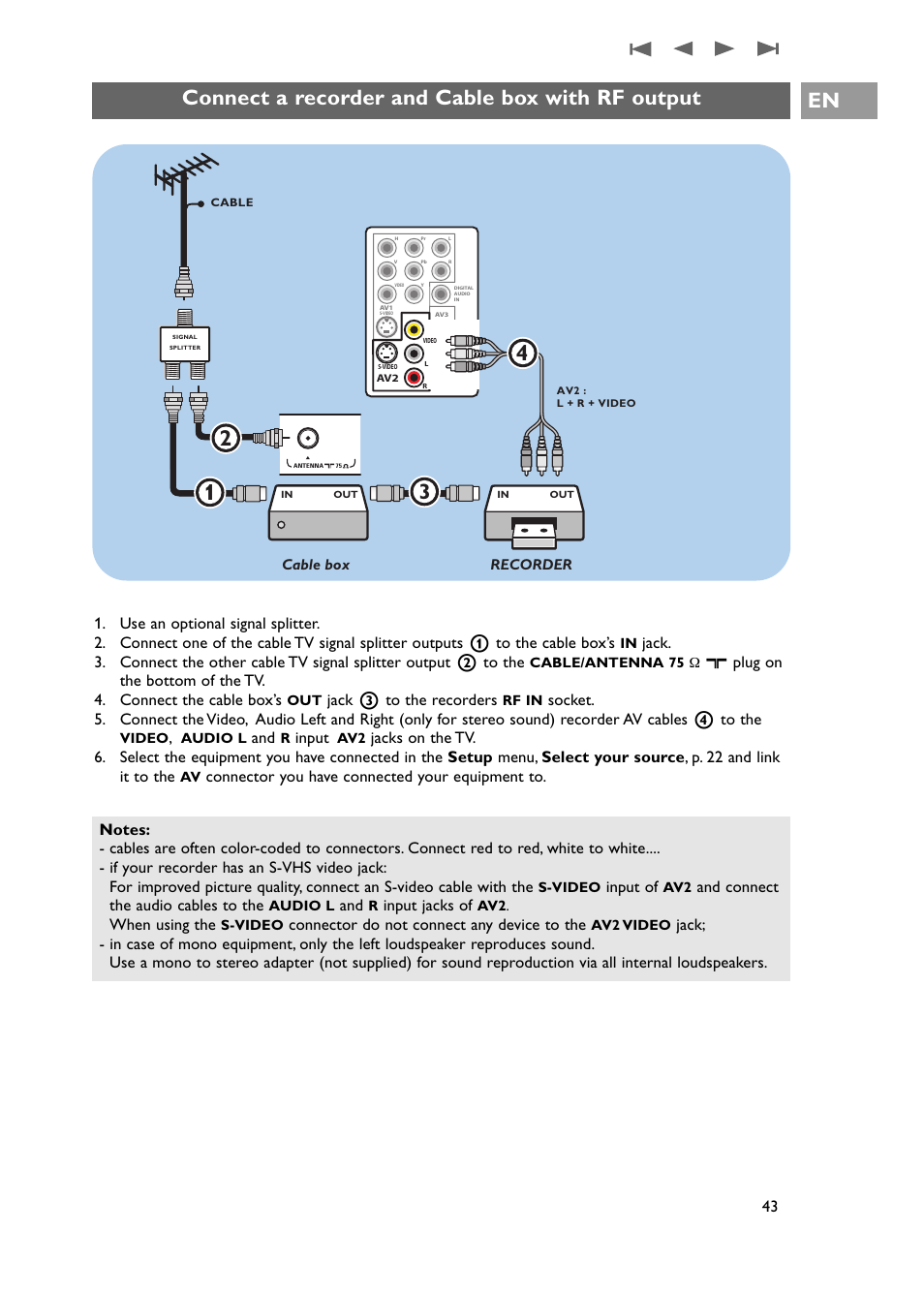 A recorder and cable box with rf output 43, Connect a recorder and cable box with rf output | Philips 42PF9631D-37E User Manual | Page 45 / 64