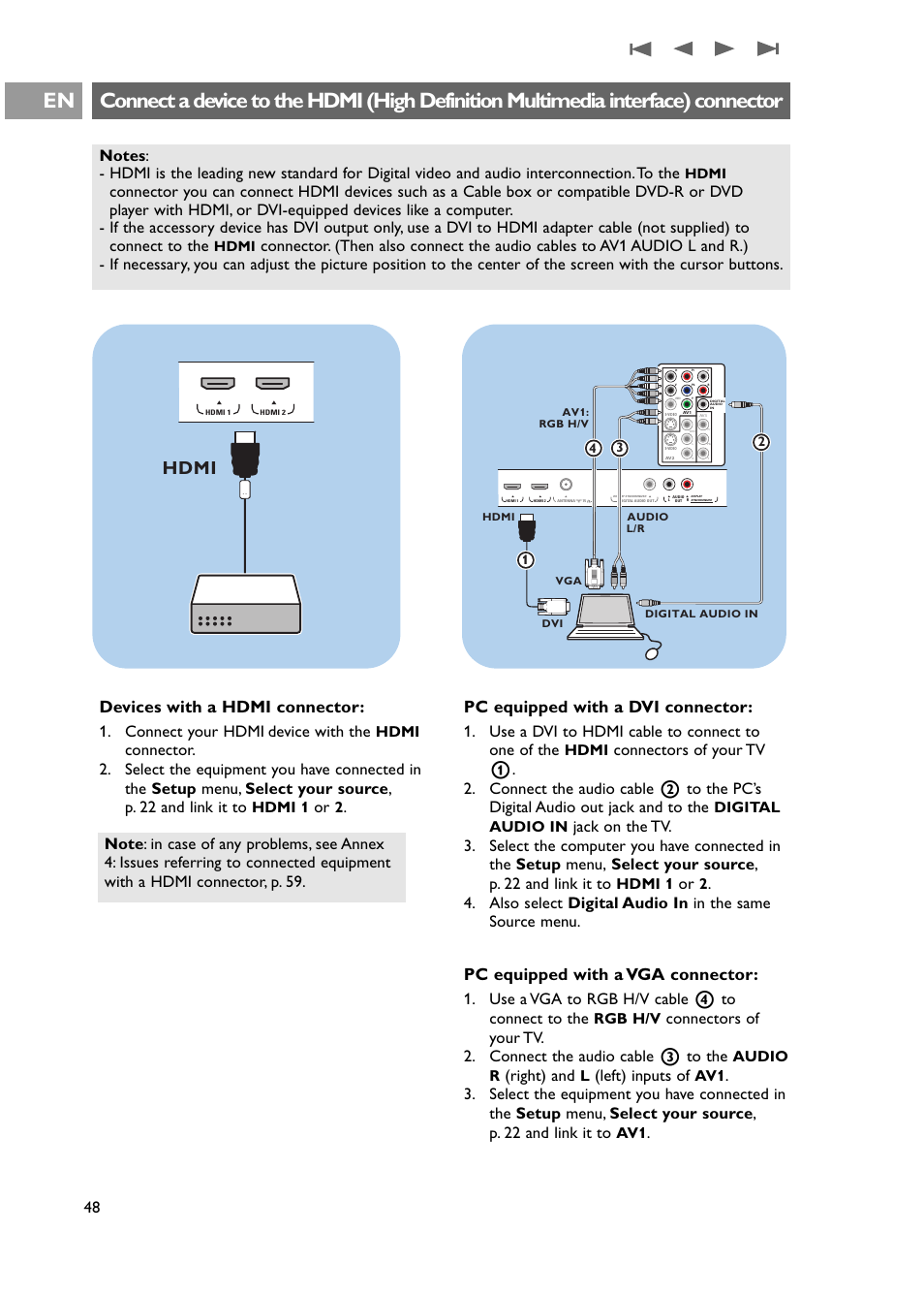 A device to the hdmi connector, Hdmi, Devices with a hdmi connector | Pc equipped with a dvi connector, Pc equipped with a vga connector, Connect your hdmi device with the, Use a dvi to hdmi cable to connect to one of the, Use a vga to rgb h/v cable 4 to connect to the, Right) and, Left) inputs of | Philips 42PF9631D-37E User Manual | Page 50 / 64