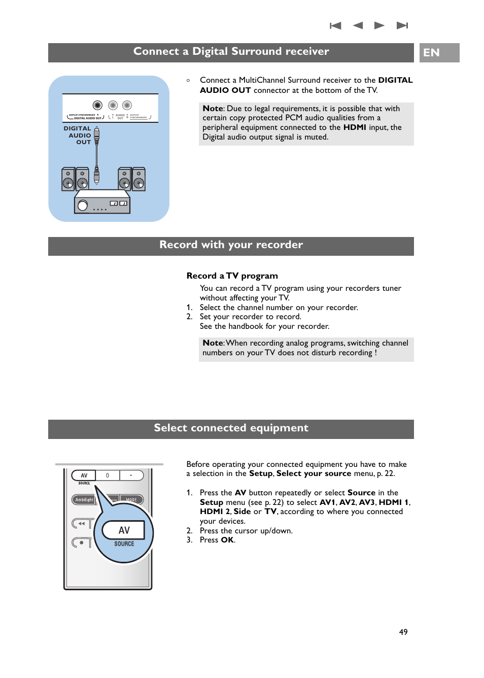 A digital surround receiver, Record with your recorder, Connect a digital surround receiver | Select connected equipment, Record a tv program, Connect a multichannel surround receiver to the, Connector at the bottom of the tv, Input, the digital audio output signal is muted | Philips 42PF9631D-37E User Manual | Page 51 / 64