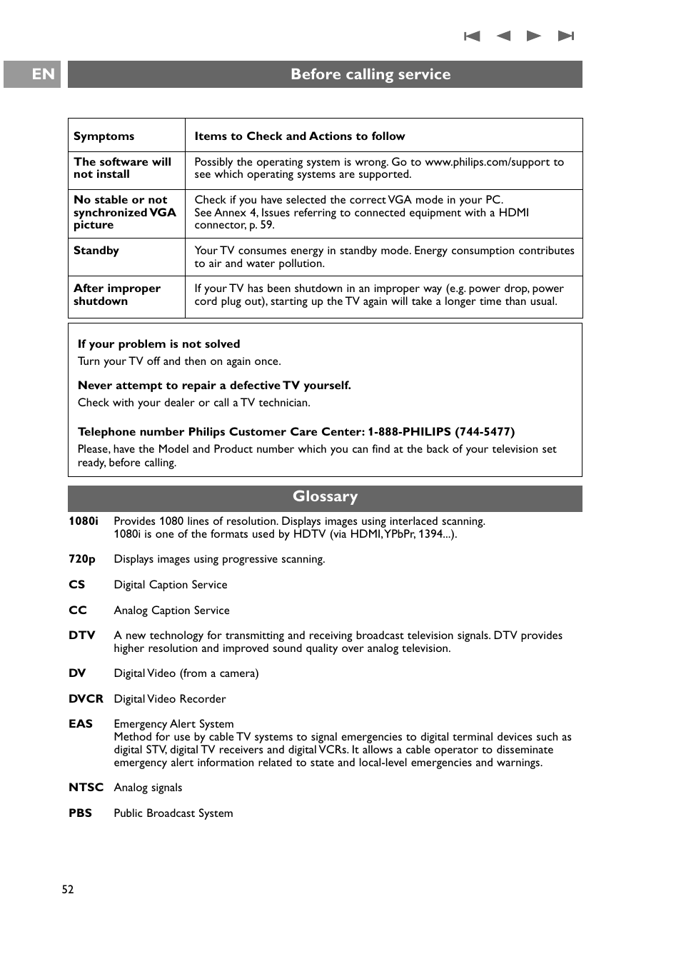 Glossary, Before calling service | Philips 42PF9631D-37E User Manual | Page 54 / 64