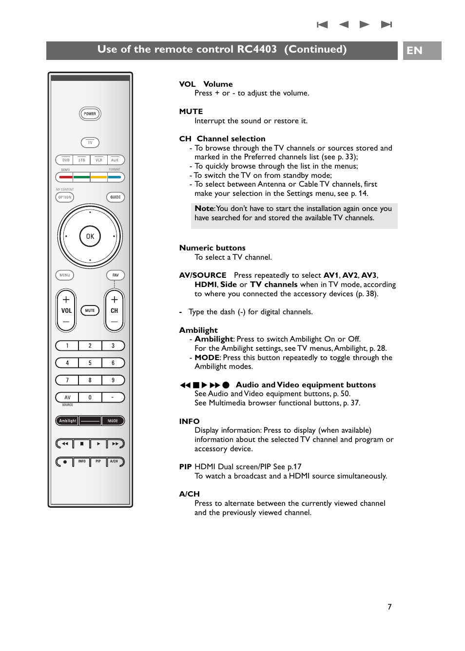 Use of the remote control rc4403 (continued) | Philips 42PF9631D-37E User Manual | Page 9 / 64