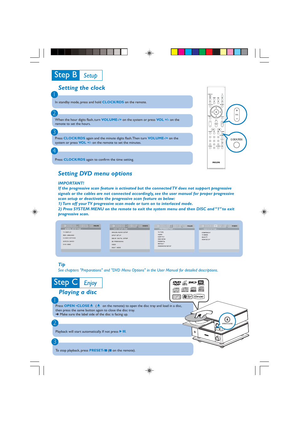 Setting the clock 1 2 3 4, Setting dvd menu options, Playing a disc | Philips MCD759D-37B User Manual | Page 3 / 4